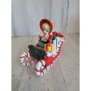 Lefton vintage candy cane sleigh Xmas mistletoe gift home figure unique